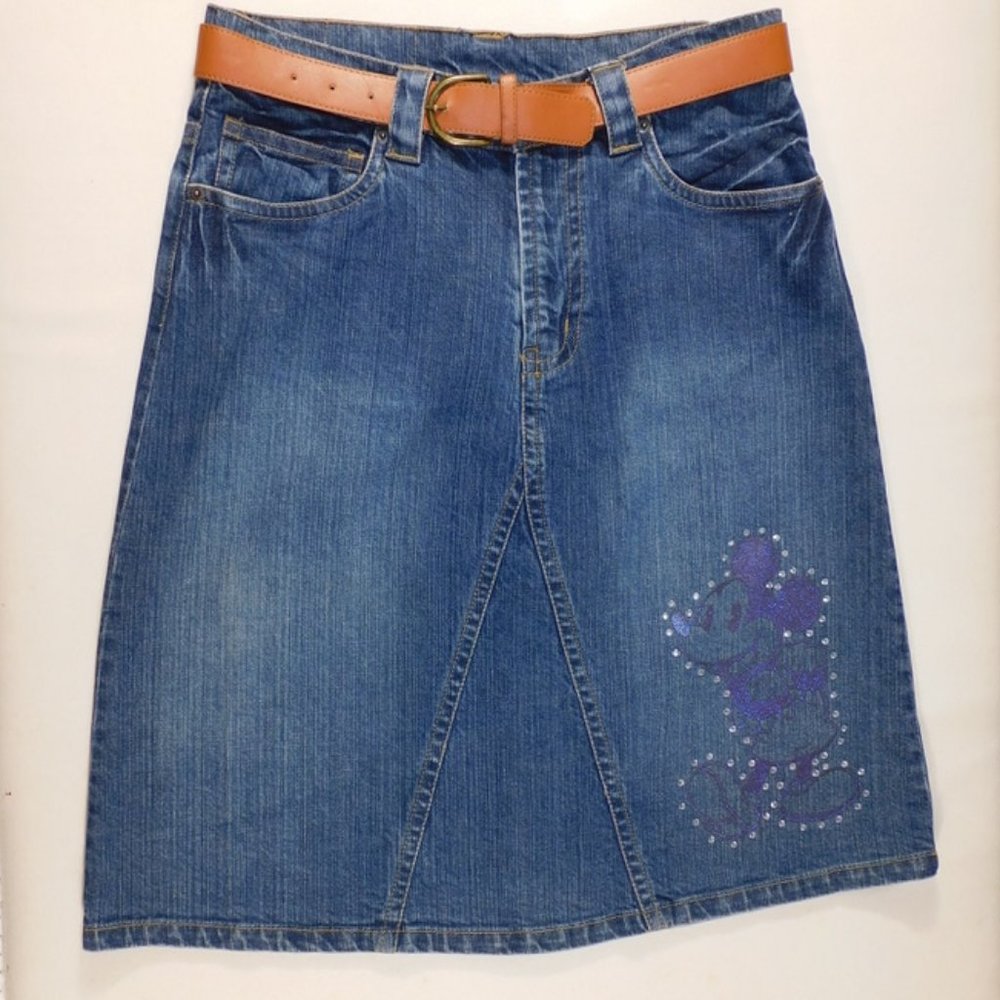 Disney Store Women's Blue Jean Skirt with Belt & Mickey Size 12